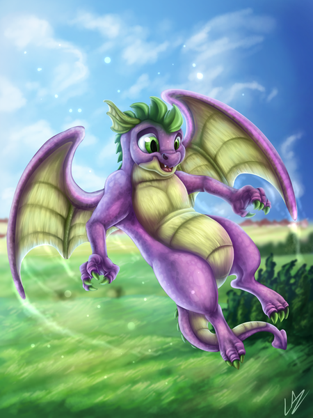 Size: 3000x4000 | Tagged: artist:lupiarts, cloud, cute, derpibooru import, digital art, dragon, flying, forest, grass, illustration, looking down, male, molt down, painting, safe, sky, smiling, solo, spike, winged spike, wings, wood