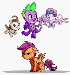 Size: 871x921 | Tagged: safe, artist:hikariviny, derpibooru import, pound cake, princess flurry heart, scootaloo, spike, alicorn, dragon, pegasus, pony, molt down, baby, baby pony, chest fluff, colt, everyone but scootaloo can fly, female, filly, flying, male, scootaloo can't fly, scootaloo is not amused, simple background, unamused, white background, winged spike