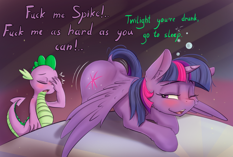 Size: 1445x972 | Tagged: suggestive, artist:alcor, derpibooru import, spike, twilight sparkle, twilight sparkle (alicorn), alicorn, dragon, pony, asking for it, begging, blushing, butt shake, dialogue, drunk, drunk bubbles, drunk twilight, eyes closed, facepalm, female, male, mare, one eye closed, open mouth, plot, presenting, sexy, shipping, spread wings, straight, stupid sexy twilight, tail lift, talking, twilight is a foal fiddler, twispike, vulgar, wingboner, wings