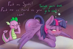 Size: 1445x972 | Tagged: suggestive, artist:alcor, derpibooru import, spike, twilight sparkle, twilight sparkle (alicorn), alicorn, dragon, pony, asking for it, begging, blushing, butt shake, dialogue, drunk, drunk bubbles, drunk twilight, eyes closed, facepalm, female, male, mare, one eye closed, open mouth, plot, presenting, sexy, shipping, spread wings, straight, stupid sexy twilight, tail lift, talking, twilight is a foal fiddler, twispike, vulgar, wingboner, wings