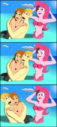 Size: 2719x6084 | Tagged: safe, artist:physicrodrigo, derpibooru import, part of a set, pinkie pie, human, mermaid, orca, series:equestria mermaids, equestria girls, absurd resolution, armpits, awestruck, belly button, bra, breasts, busty pinkie pie, chara, clothes, comic strip, crossover, frisk, hands on head, holding each other, hug, kim possible, looking at each other, married couple, mermaid lovers, mermaidized, midriff, ocean, part of a series, ponytail, ron stoppable, seashell bra, shocked expression, species swap, story included, undertale, when she doesn't smile, when you see it