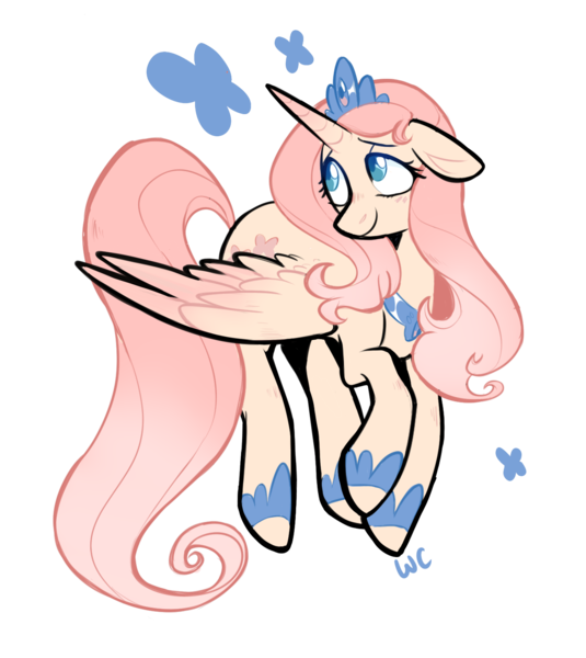 Size: 1327x1488 | Tagged: alicorn, alicornified, artist:waackery, crown, cute, derpibooru import, female, floppy ears, fluttercorn, fluttershy, head turn, jewelry, looking away, looking up, race swap, regalia, safe, shyabetes, simple background, smiling, solo, spread wings, transparent background, wings