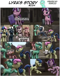 Size: 3928x4903 | Tagged: 3d, artist:goatcanon, bacon braids, bon bon, book, comic, comic:lyra's story, derpibooru import, equal cutie mark, equal town, hug, implied lesbian, implied lyrabon, implied shipping, lyra heartstrings, night glider, our town, safe, source filmmaker, starlight glimmer, starlight's village, sugar belle, sweetie drops, the cutie map