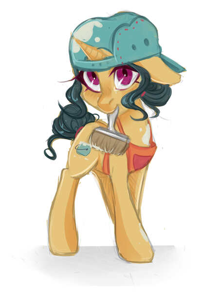 Size: 3800x5000 | Tagged: safe, artist:crystalfilth, derpibooru import, fresh coat, earth pony, pony, apron, backwards ballcap, baseball cap, blushing, cap, clothes, cute, female, floppy ears, hat, mare, mouth hold, paint on fur, paintbrush, solo