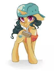 Size: 3800x5000 | Tagged: safe, artist:crystalfilth, derpibooru import, fresh coat, earth pony, pony, apron, backwards ballcap, baseball cap, blushing, cap, clothes, cute, female, floppy ears, hat, mare, mouth hold, paint on fur, paintbrush, solo