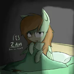 Size: 4000x4000 | Tagged: safe, artist:lofis, derpibooru import, oc, oc:mint chocolate, pegasus, pony, bed, bedroom, bedsheets, blanket, blushing, covering, covering with blanket, cute, dark room, dialogue, female, looking at you, mare, pillow, signature, solo, talking, tired, waking up, wings
