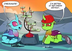 Size: 1484x1039 | Tagged: artist:dsana, changedling, changedling oc, changeling, chess, comic, commission, derpibooru import, dialogue, duo, hard hat, male, oc, oc:berzie, oc:dopple, ponyloaf, safe, star trek, three-dimensional chess, unofficial characters only