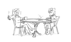 Size: 1280x768 | Tagged: safe, artist:captainhoers, derpibooru import, oc, oc:byzantium guidance, oc:skyfall, unofficial characters only, anthro, cyborg, plantigrade anthro, unicorn, anthro oc, boots, breasts, chair, cleavage, clothes, conversation, cravat, crossed legs, cyberpunk, duo, female, food, high heels, hologram, monochrome, shoes, sketch, spypone, suit, table, tea