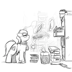 Size: 1280x1280 | Tagged: safe, artist:captainhoers, derpibooru import, oc, oc:skyfall, unofficial characters only, unicorn, clothes, coffee, coffee mug, cravat, cutie mark, female, file, file cabinet, magic, monochrome, mug, paperwork, plug, shirt, shredder, sketch, solo, spypone, telekinesis