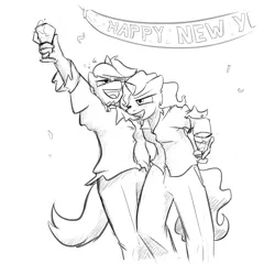 Size: 1280x1280 | Tagged: safe, artist:captainhoers, derpibooru import, oc, oc:emerald isle, oc:skyfall, unofficial characters only, anthro, unicorn, alcohol, celebration, clothes, cravat, drunk, drunk bubbles, duo, duo female, female, glass, happy new year, holiday, monochrome, pants, shirt, sketch, spypone