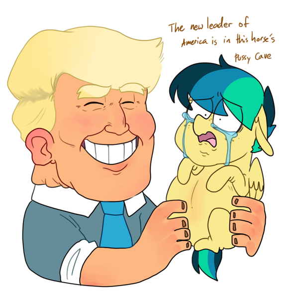 Size: 1060x1080 | Tagged: grimdark, suggestive, artist:redxbacon, deleted from derpibooru, derpibooru import, oc, oc:apogee, unofficial characters only, human, pegasus, pony, crying, donald trump, downvote bait, eyes closed, female, filly, floppy ears, frown, grin, holding a pony, horrified, implied foalcon, implied human on pony action, implied interspecies, implied rape, implied straight, necktie, nightmare fuel, open mouth, politics, pregnant, simple background, smiling, text, trump, unwanted pregnancy, wat, wavy mouth, white background, why, wide eyes