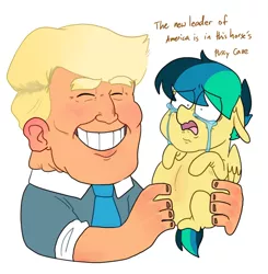 Size: 1060x1080 | Tagged: grimdark, suggestive, artist:redxbacon, deleted from derpibooru, derpibooru import, oc, oc:apogee, unofficial characters only, human, pegasus, pony, crying, donald trump, downvote bait, eyes closed, female, filly, floppy ears, frown, grin, holding a pony, horrified, implied foalcon, implied human on pony action, implied interspecies, implied rape, implied straight, necktie, nightmare fuel, open mouth, politics, pregnant, simple background, smiling, text, trump, unwanted pregnancy, wat, wavy mouth, white background, why, wide eyes