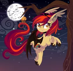 Size: 1600x1568 | Tagged: safe, artist:spookyle, derpibooru import, oc, oc:pumpkin spell, unofficial characters only, bat, bat pony, hybrid, bat pony oc, bat wings, colored hooves, food, hybrid oc, moon, muffin, night, smiling, solo, stars, tail feathers, tree, tree branch