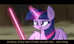 Size: 1500x900 | Tagged: safe, artist:heir-of-rick, derpibooru import, twilight sparkle, twilight sparkle (alicorn), alicorn, pony, dialogue, female, glowing horn, imminent death, lidded eyes, lightsaber, magic, mare, open mouth, smiling, smirk, smug, solo, spread wings, star wars, star wars: the last jedi, weapon, wing fluff, wings