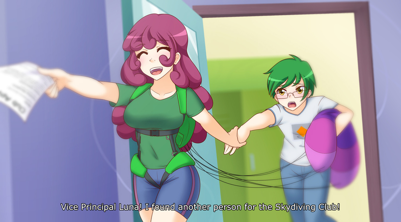 Size: 1280x710 | Tagged: safe, artist:jonfawkes, derpibooru import, oc, oc:software patch, oc:windcatcher, human, equestria girls, anime style, breasts, clothes, commission, cutie mark clothes, fake screencap, glasses, harness, holding hands, humanized, implied vice principal luna, office, paper, parachute, pulling, school, shorts, subtitles, windpatch