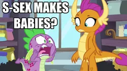 Size: 1024x576 | Tagged: caption, derpibooru import, dragon, dragoness, duo, edit, edited screencap, female, implied sex, male, meme, molt down, open mouth, screencap, sex makes babies, smolder, spike, stone scales, suggestive, text