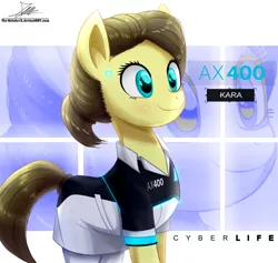 Size: 1120x1060 | Tagged: safe, artist:the-butch-x, derpibooru import, ponified, android, earth pony, pony, robot, robot pony, abstract background, ax400, commission, crossover, detroit: become human, female, gynoid, hair bun, kara, mare, smiling, solo