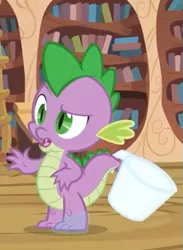 Size: 395x540 | Tagged: safe, derpibooru import, screencap, spike, dragon, just for sidekicks, season 3, claws, cropped, cup, golden oaks library, male, saliva on feet