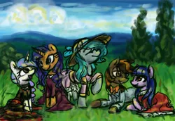 Size: 1600x1100 | Tagged: safe, artist:elisdoominika, derpibooru import, oc, oc:cosmia nebula, oc:fahu, oc:sally, oc:sweet elis, oc:twinkle poonam, unofficial characters only, pony, unicorn, clothes, dress, eyes closed, falis, female, hat, looking at each other, male, mare, open mouth, scenery, smiling, stallion, tree