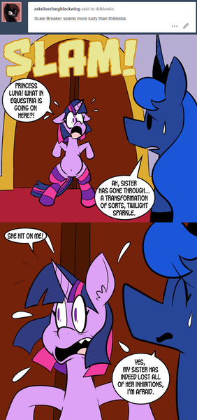 Size: 576x1224 | Tagged: 2 panel comic, artist:pembroke, clothes, comic, derpibooru import, princess luna, safe, socks, stickluna, striped socks, thighlight sparkle, thiklestia, thunder thighs, twilight sparkle