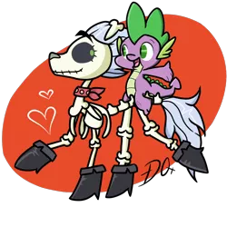 Size: 900x900 | Tagged: artist:thequeenofkats, bone, boots, clothes, derpibooru import, dragon, dragon bones, female, heart, male, riding, safe, scarf, shoes, simple background, skeleton, skeleton pony, skellinore, smiling, spike, the break up breakdown, transparent background