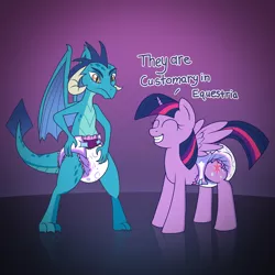 Size: 2180x2180 | Tagged: suggestive, artist:hodgepodgedl, artist:sylph-space, derpibooru import, edit, editor:wumbl3, princess ember, twilight sparkle, twilight sparkle (alicorn), alicorn, dragon, pony, colored, dialogue, diaper, diaper fetish, female, fetish, mare, poofy diaper, talking, text