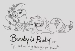 Size: 589x404 | Tagged: safe, artist:jargon scott, derpibooru import, oc, oc:bandy cyoot, oc:pandy cyoot, unofficial characters only, earth pony, pony, raccoon pony, red panda pony, duo, female, grayscale, monochrome