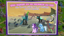 Size: 1280x720 | Tagged: safe, derpibooru import, official, discord, queen chrysalis, starlight glimmer, thorax, trixie, changeling, changeling queen, draconequus, pony, unicorn, to where and back again, advertisement, female, game screencap, gameloft, glowing horn, male, mare, reformed four