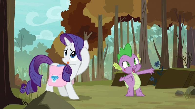 Size: 1920x1080 | Tagged: safe, derpibooru import, screencap, rarity, spike, dragon, pony, unicorn, molt down, duo, female, forest, male, mare, saddle bag, stone scales, tongue out