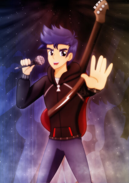 Size: 1600x2263 | Tagged: safe, artist:jotakaanimation, derpibooru import, flash sentry, equestria girls, guitar, male, microphone, singing, solo