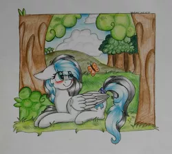 Size: 1826x1636 | Tagged: safe, artist:adostume, derpibooru import, oc, unofficial characters only, butterfly, pegasus, pony, blushing, cute, eyes on the prize, female, floppy ears, forest, looking at something, looking back, mare, nature, ocbetes, prone, scenery, smiling, solo, tail wrap, traditional art, tree, wing fluff