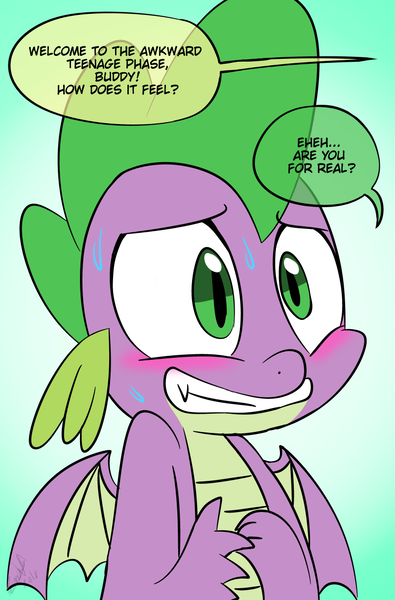 Size: 800x1214 | Tagged: artist:emositecc, blushing, derpibooru import, dialogue, dragon, implied smolder, male, molt down, nervous, offscreen character, safe, smiling, solo, speech bubble, spike, sweat, winged spike