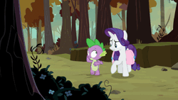 Size: 710x400 | Tagged: safe, derpibooru import, screencap, rarity, spike, dragon, pony, unicorn, molt down, animated, blinking, circling, cute, duo, female, forest, gif, loop, male, mare, open mouth, perfect loop, raribetes, saddle bag, spinning
