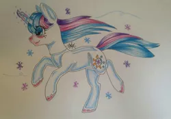 Size: 1157x803 | Tagged: safe, artist:adostume, derpibooru import, oc, oc:winter eclipse, pony, unicorn, blushing, running, smiling, solo, traditional art