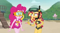 Size: 1280x720 | Tagged: safe, derpibooru import, screencap, pinkie pie, sunset shimmer, equestria girls, equestria girls series, unsolved selfie mysteries, belly button, clothes, swimsuit, when she doesn't smile