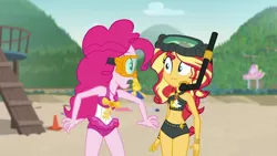 Size: 1280x720 | Tagged: safe, derpibooru import, screencap, pinkie pie, sunset shimmer, equestria girls, equestria girls series, unsolved selfie mysteries, belly button, clothes, swimsuit, when she doesn't smile