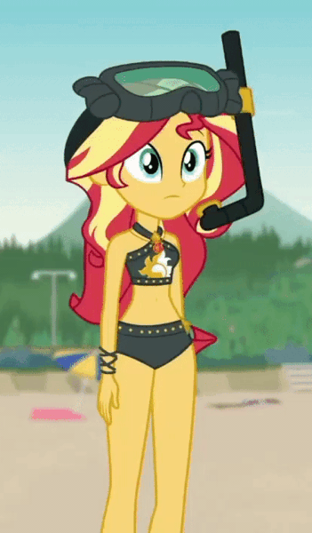 Size: 632x1080 | Tagged: safe, derpibooru import, screencap, sunset shimmer, equestria girls, equestria girls series, unsolved selfie mysteries, animated, belly button, bikini, clothes, cropped, eh, female, geode of empathy, gif, shrug, shrugset shimmer, solo, swimsuit, unamused