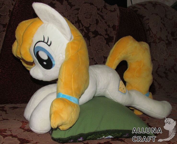 Size: 3324x2704 | Tagged: artist:allunacraft, derpibooru import, high res, irl, pear butter, photo, plushie, prone, safe, solo