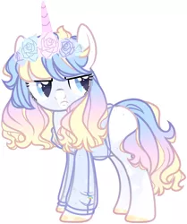 Size: 4498x5390 | Tagged: safe, artist:kazanzh, derpibooru import, oc, pony, unicorn, absurd resolution, clothes, female, floral head wreath, flower, mare, shirt, simple background, solo, white background