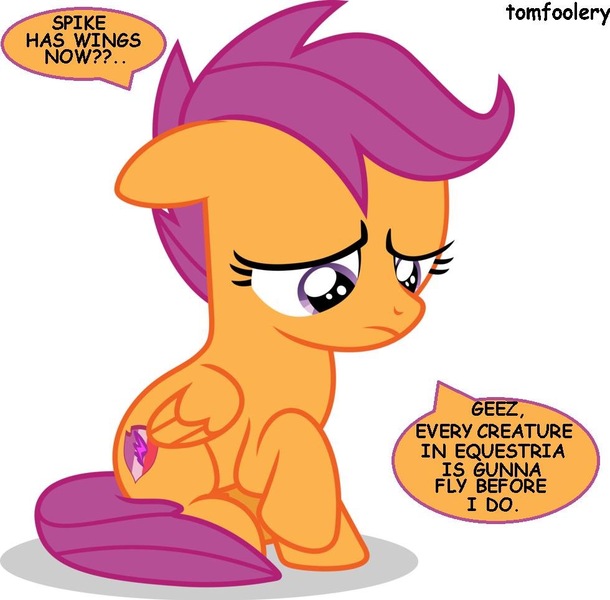 Size: 980x964 | Tagged: safe, derpibooru import, scootaloo, pegasus, pony, molt down, cutie mark, everyone but scootaloo can fly, female, filly, floppy ears, photo, raised hoof, sad, sadness, scootaloo can't fly, wings