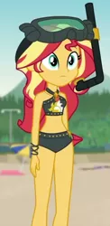 Size: 334x687 | Tagged: safe, derpibooru import, screencap, sunset shimmer, equestria girls, equestria girls series, unsolved selfie mysteries, belly button, bikini, clothes, cropped, diving goggles, midriff, snorkel, solo, summer sunset, swimsuit