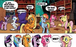 Size: 601x368 | Tagged: safe, derpibooru import, edit, idw, applejack, fluttershy, pinkie pie, rainbow dash, rarity, twilight sparkle, twilight sparkle (alicorn), alicorn, earth pony, pegasus, pony, unicorn, spoiler:comic, spoiler:comic17, adventure time, exploitable meme, gravity falls, implied fourth wall break, mane 6 interests, mane six, meme, meta, obligatory pony, steven universe, the loud house