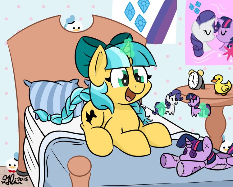 Size: 1000x800 | Tagged: safe, artist:glimglam, derpibooru import, rarity, twilight sparkle, oc, oc:ducky ink, duck, pony, unicorn, alarm clock, bed, bedroom, bow, braid, braided tail, clock, cute, doll, donald duck, female, hair bow, happy, lesbian, levitation, magic, male, mare, ocbetes, open mouth, plushie, poster, prone, rarilight, rubber duck, shipper on deck, shipping, smiling, solo, telekinesis, toy