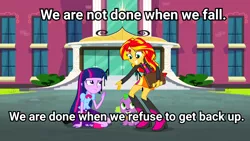 Size: 3416x1920 | Tagged: safe, derpibooru import, edit, edited screencap, screencap, spike, sunset shimmer, twilight sparkle, twilight sparkle (alicorn), alicorn, dog, equestria girls, rainbow rocks, book, dialogue, door, doors, gritted teeth, helping, journey book, looking at each other, looking down, looking up, smiling, spike the dog, stairs