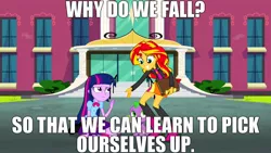 Size: 1920x1080 | Tagged: safe, derpibooru import, edit, edited screencap, screencap, spike, sunset shimmer, twilight sparkle, twilight sparkle (alicorn), alicorn, dog, equestria girls, rainbow rocks, advice, alfred pennyworth, batman begins, book, bruce wayne, christian bale, dialogue, door, doors, gritted teeth, helping, journey book, looking at each other, looking down, looking up, motivation, smiling, spike the dog, stairs