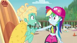 Size: 1280x720 | Tagged: safe, derpibooru import, screencap, gladys, rainbow dash, zephyr breeze, blue crushed, equestria girls, equestria girls series, belly button, geode of super speed, magical geodes, midriff, surfboard