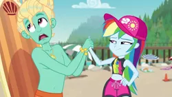 Size: 1280x720 | Tagged: safe, derpibooru import, screencap, gladys, rainbow dash, zephyr breeze, blue crushed, equestria girls, equestria girls series, annoyed, beach, belly button, clothes, female, geode of super speed, magical geodes, male, midriff, partial nudity, rainbow dash is not amused, surfboard, swimsuit, topless, unamused