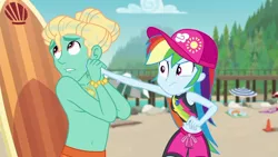Size: 1280x720 | Tagged: safe, derpibooru import, screencap, gladys, rainbow dash, zephyr breeze, blue crushed, equestria girls, equestria girls series, baseball cap, belly button, cap, clothes, geode of super speed, hat, magical geodes, midriff, partial nudity, rainbow dash is not amused, surfboard, topless, unamused