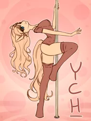 Size: 1289x1701 | Tagged: advertisement, anthro, artist:kindpineapple, backbend, breasts, clothes, commission, derpibooru import, looking at you, pole, pole dancing, solo, stockings, stripper pole, suggestive, thigh highs, unguligrade anthro, your character here