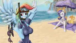 Size: 1980x1113 | Tagged: suggestive, artist:shamziwhite, derpibooru import, rainbow dash, rarity, anthro, pegasus, unguligrade anthro, unicorn, angry, assisted exposure, beach, bra, breasts, clothed female nude female, clothes, clothing theft, commission, covering, diving goggles, embarrassed, embarrassed nude exposure, exhibitionism, female, fire, flaming hair, flaming tail, goggles, humiliation, mane on fire, nudity, public humiliation, public nudity, rage, snorkel, stealing, swimming goggles, swimsuit, swimsuit theft, tail on fire, umbrella, wetsuit